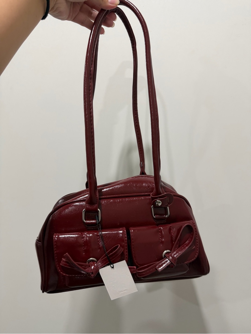 Glossy Burgundy Shoulder Bag with Front Pockets